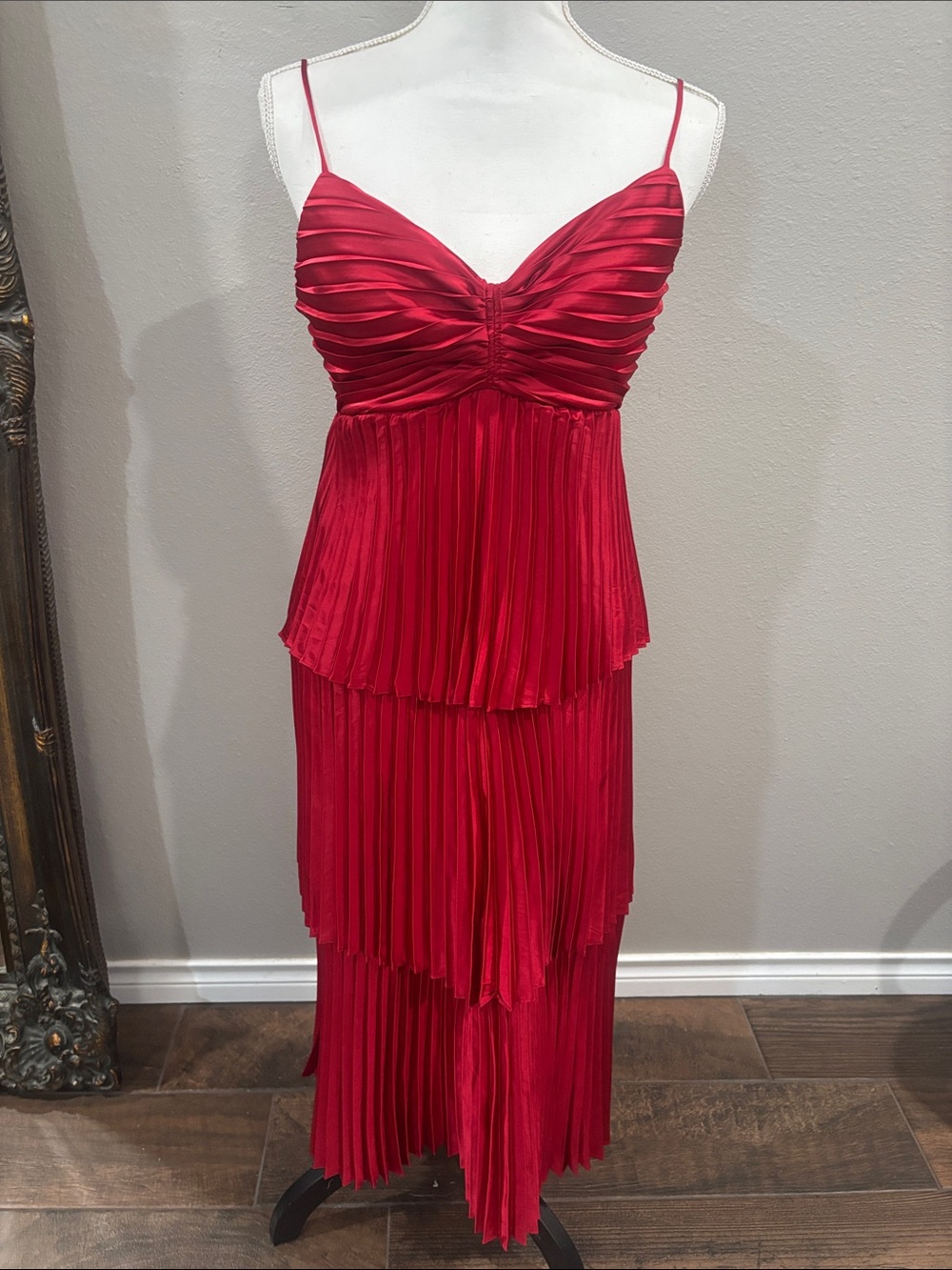 Vici Red Tiered Pleated Spaghetti-Strap Maxi Dress